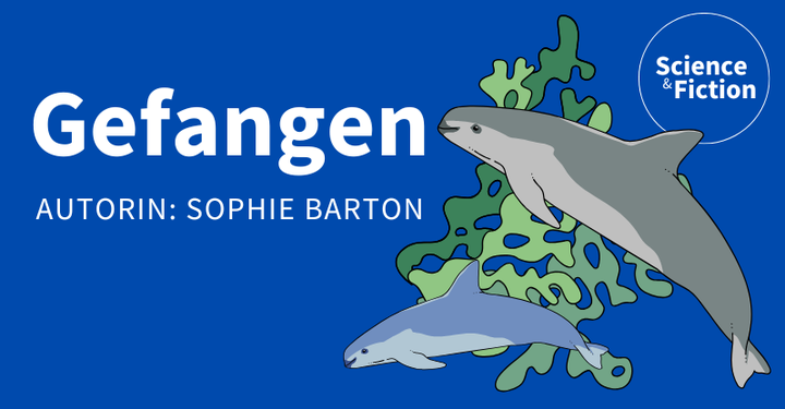 Ein Bild mit dem Titel der Geschichte "Gefangen" und dem Namen der Autorin "Sophie Barton". Das Bild enthält auch das Logo von Science & Fiction und eine Grafik eines Schweinswals.