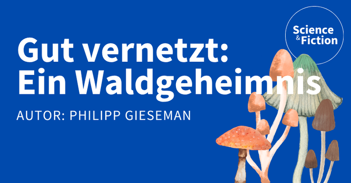 Ein Bild mit dem Titel der Geschichte "Gut vernetzt - Ein Waldgeheimnis" und dem Namen des Autoren "Philipp Gieseman". Das Bild enthält auch das Logo von Science & Fiction und eine Grafik mit verschiedenen Pilzen.